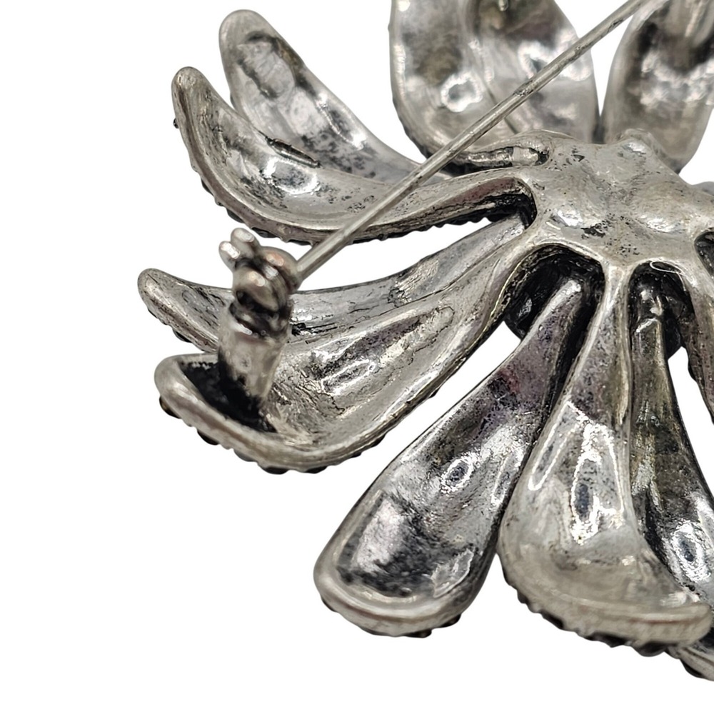 Floral‎ Rhinestone Brooch Pin Dark Silver Tone Daisy Statement 2.75" Sparkle - Picture 11 of 13